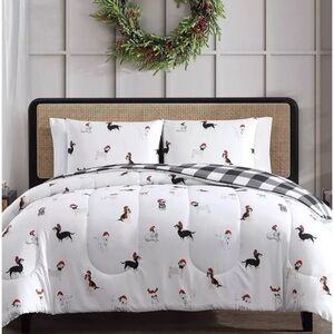Queen Comforter 3PC Reversible Set Black Plaid One Side Christmas Dogs Other New